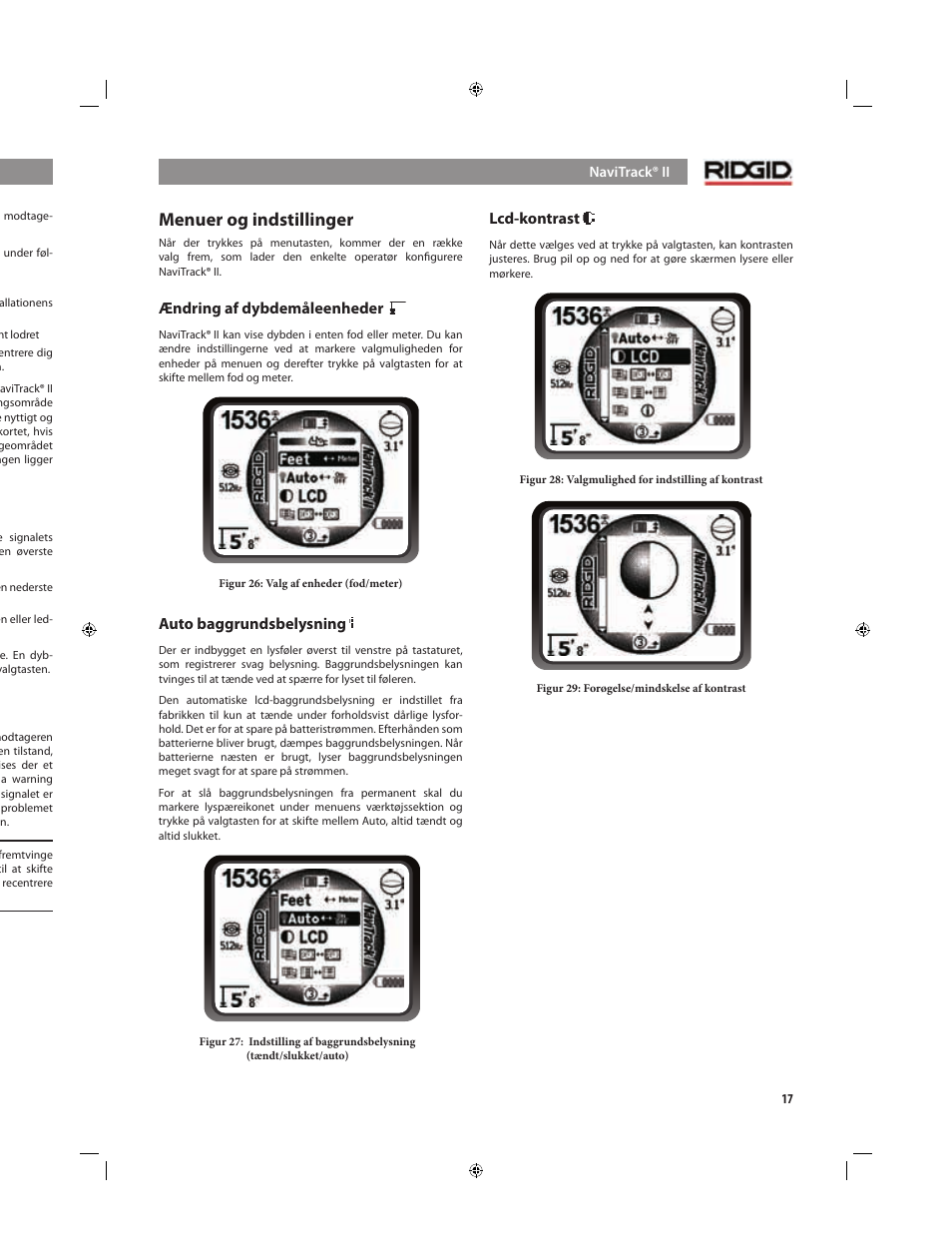 Menuer og indstillinger, Tips til betjening ved ledningssporing, Måledybde | Signalafskæring, Ændring af dybdemåleenheder, Auto baggrundsbelysning, Lcd-kontrast | RIDGID NaviTrack II User Manual | Page 243 / 394