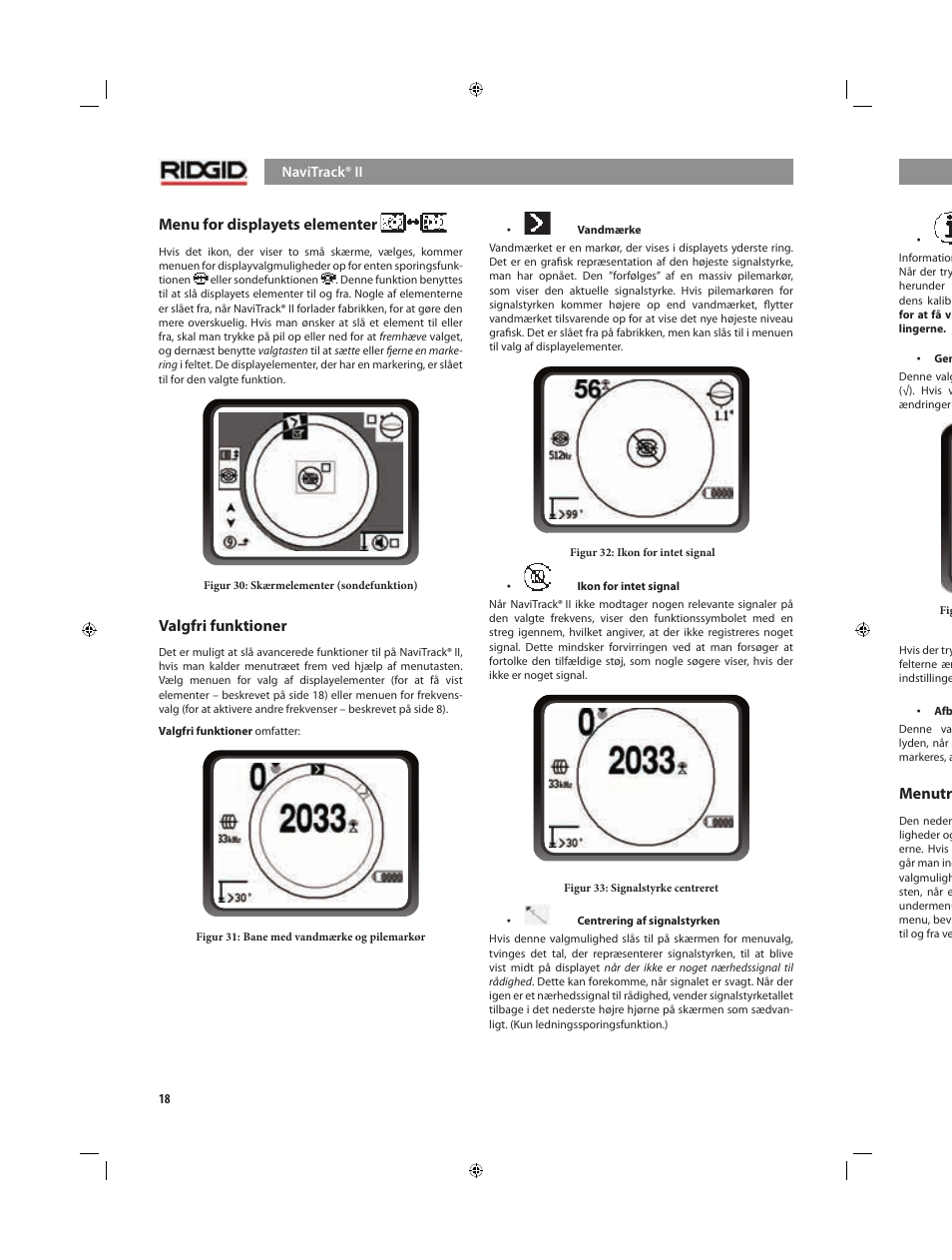 Menu for displayets elementer, Valgfri funktioner, Menutræ | RIDGID NaviTrack II User Manual | Page 244 / 394