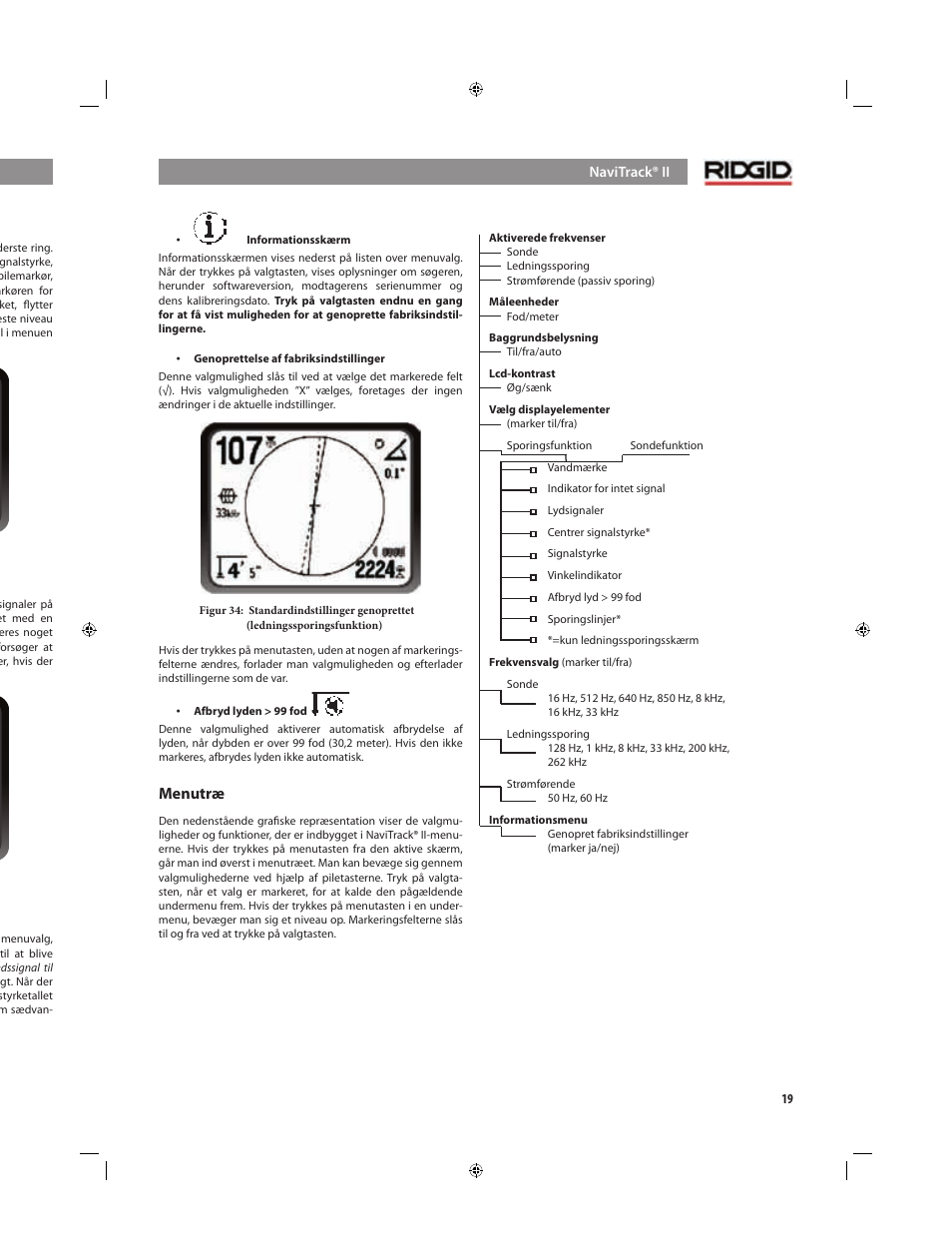 Menu for displayets elementer, Valgfri funktioner, Menutræ | RIDGID NaviTrack II User Manual | Page 245 / 394