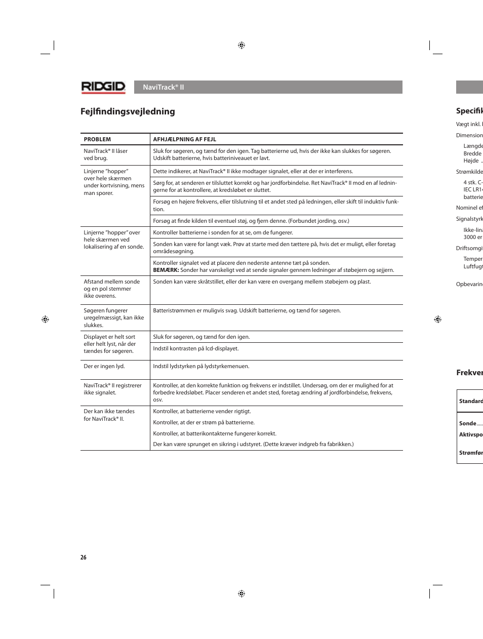 Fejlﬁndingsvejledning, Speciﬁkationer, Standardindstillinger | Standardudstyr, Ekstraudstyr, Frekvenser | RIDGID NaviTrack II User Manual | Page 252 / 394