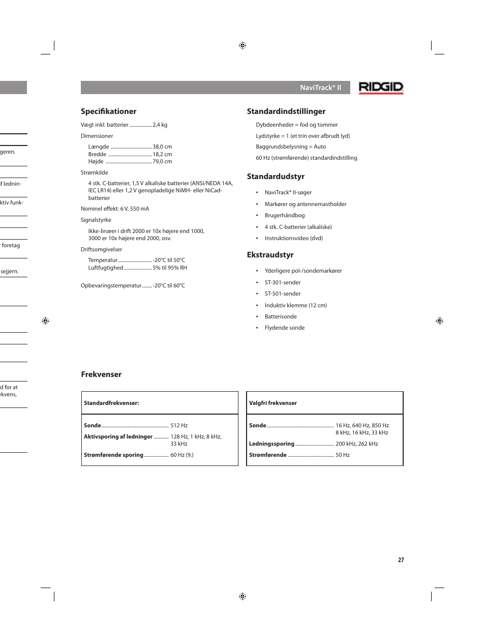 Fejlﬁndingsvejledning, Speciﬁkationer, Standardindstillinger | Standardudstyr, Ekstraudstyr, Frekvenser | RIDGID NaviTrack II User Manual | Page 253 / 394