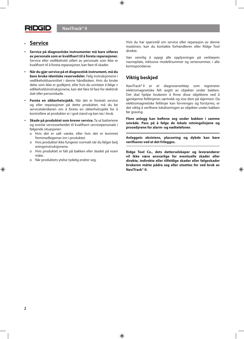 Service, Viktig beskjed | RIDGID NaviTrack II User Manual | Page 256 / 394