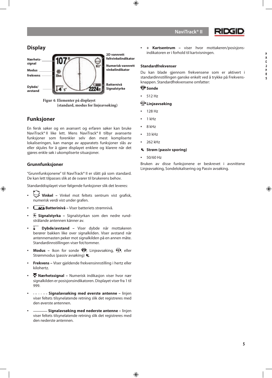 Display, Funksjoner | RIDGID NaviTrack II User Manual | Page 259 / 394