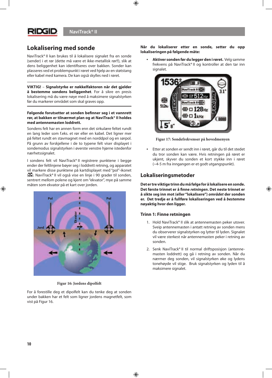 Lokalisering med sonde, Lokaliseringsmetoder | RIDGID NaviTrack II User Manual | Page 264 / 394