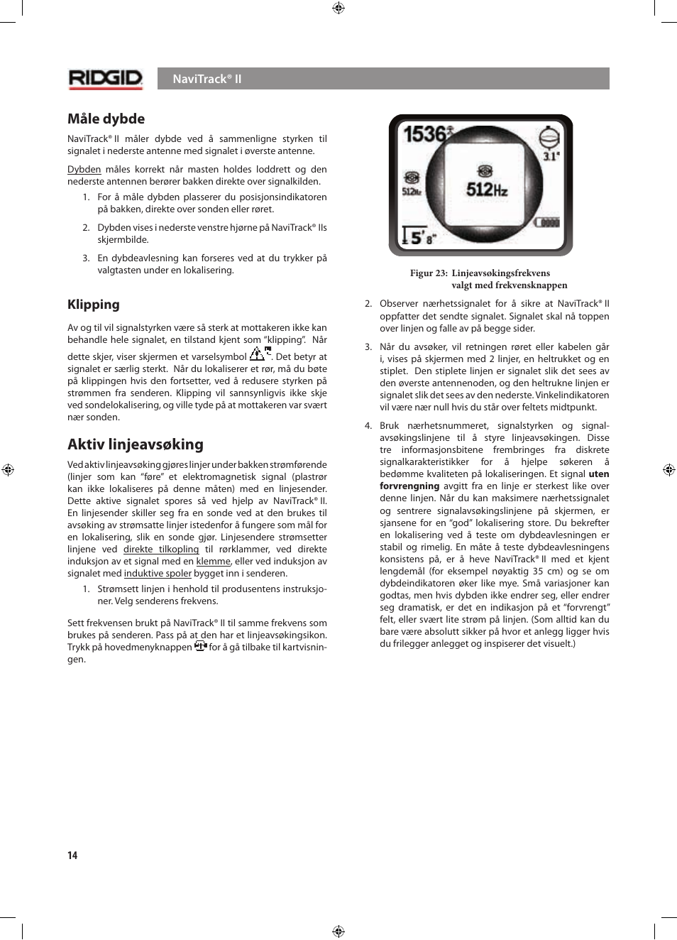 Aktiv linjeavsøking, Måle dybde, Klipping | RIDGID NaviTrack II User Manual | Page 268 / 394