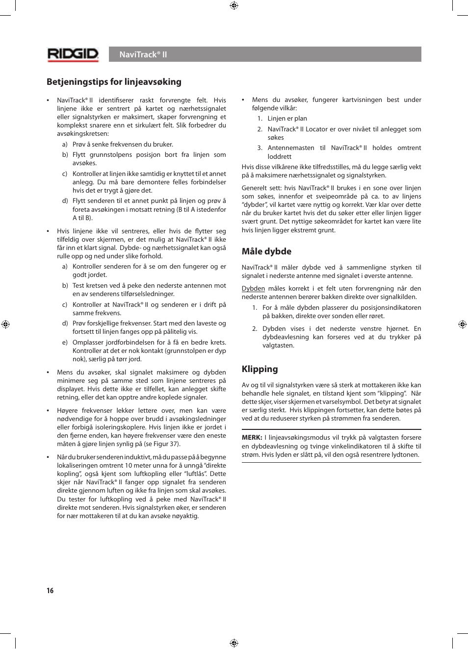 Betjeningstips for linjeavsøking, Måle dybde, Klipping | RIDGID NaviTrack II User Manual | Page 270 / 394