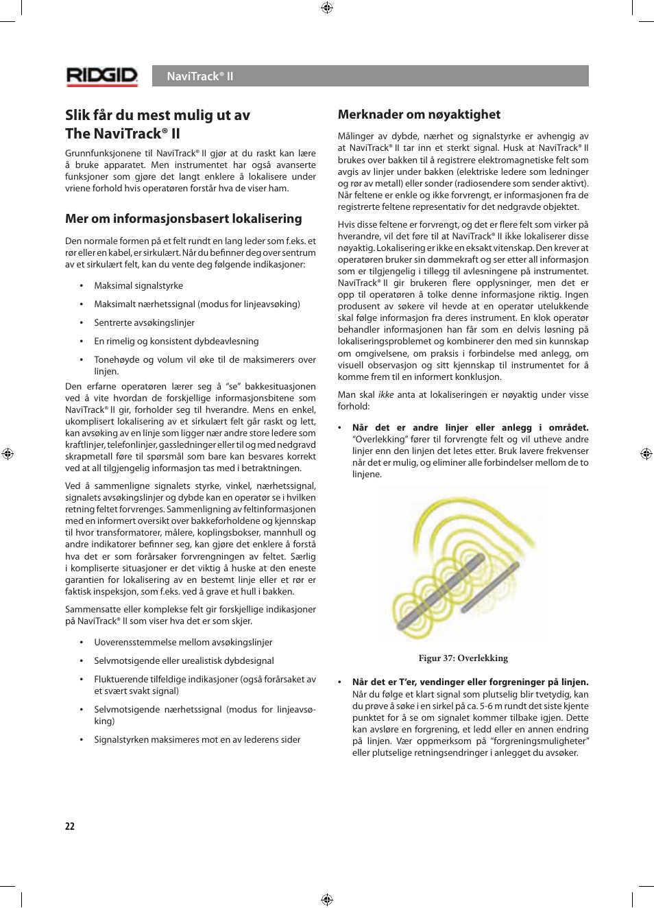 Slik får du mest mulig ut av the navitrack® ii, Mer om informasjonsbasert lokalisering, Merknader om nøyaktighet | RIDGID NaviTrack II User Manual | Page 276 / 394