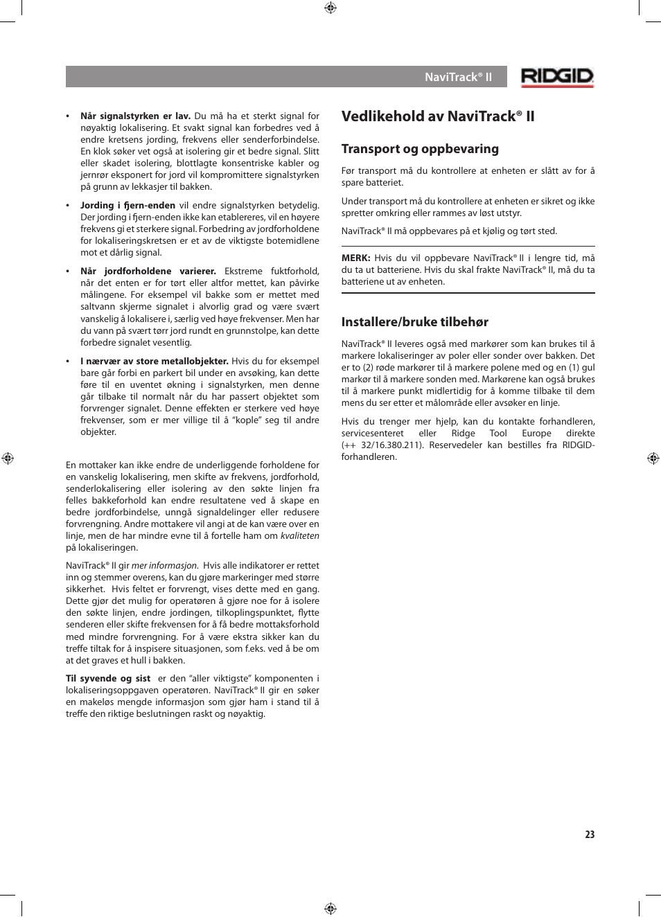 Vedlikehold av navitrack® ii, Transport og oppbevaring, Installere/bruke tilbehør | RIDGID NaviTrack II User Manual | Page 277 / 394