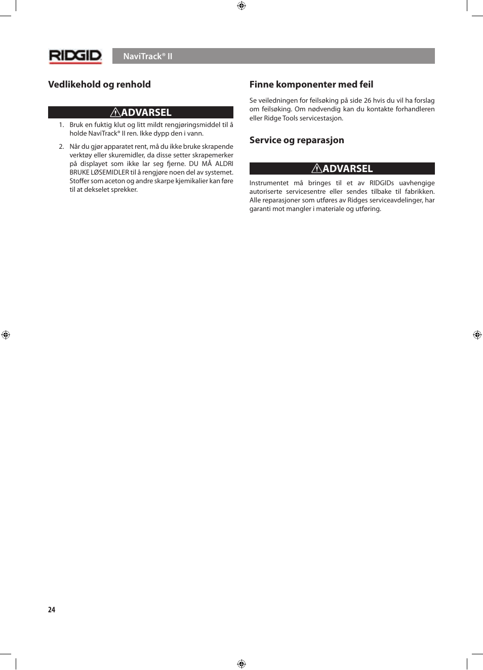 Advarsel | RIDGID NaviTrack II User Manual | Page 278 / 394