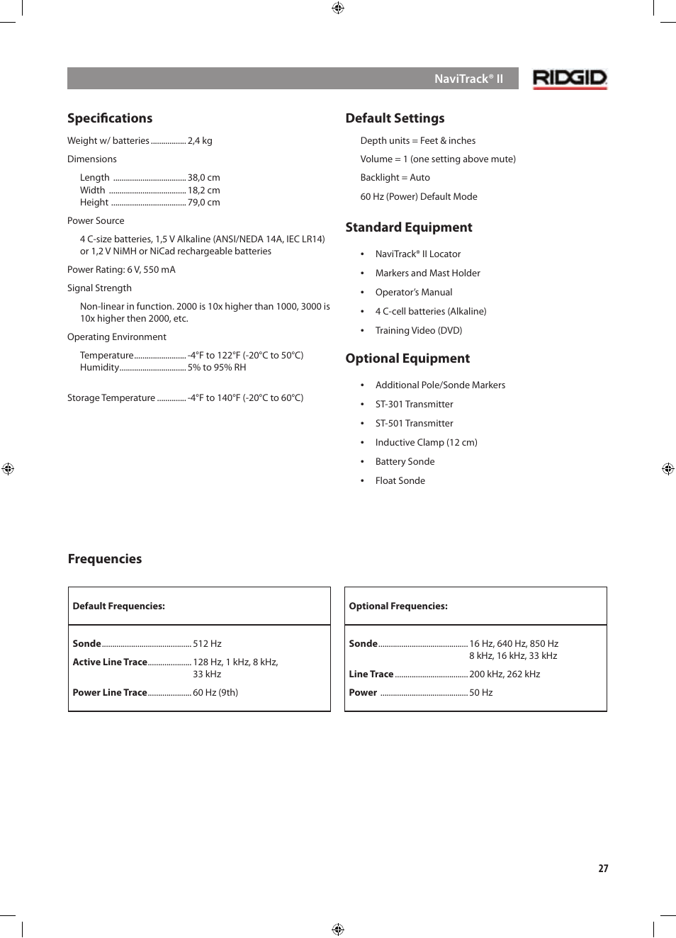 Speciﬁcations, Default settings, Standard equipment | Optional equipment, Frequencies | RIDGID NaviTrack II User Manual | Page 28 / 394