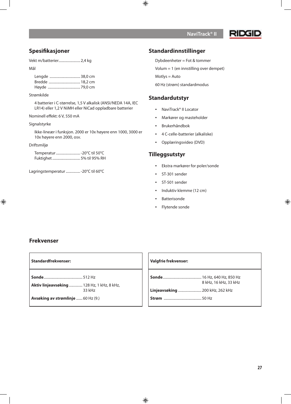 Spesiﬁkasjoner, Standardinnstillinger, Standardutstyr | Tilleggsutstyr, Frekvenser | RIDGID NaviTrack II User Manual | Page 281 / 394