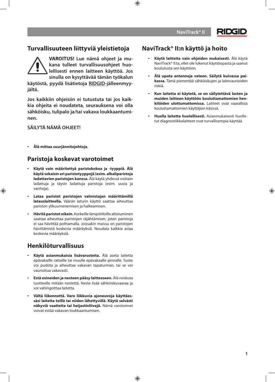 Turvallisuuteen liittyviä yleistietoja, Paristoja koskevat varotoimet, Henkilöturvallisuus | Navitrack® ii:n käyttö ja hoito | RIDGID NaviTrack II User Manual | Page 283 / 394