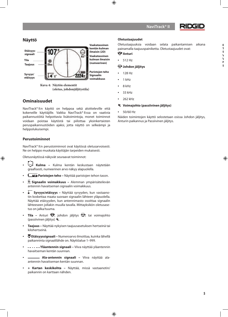 Näyttö, Ominaisuudet | RIDGID NaviTrack II User Manual | Page 287 / 394