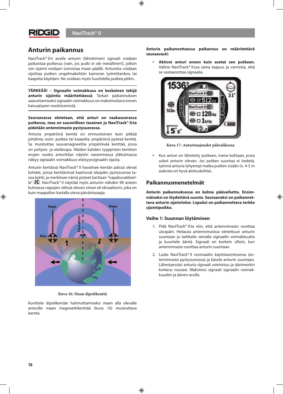 Anturin paikannus, Paikannusmenetelmät | RIDGID NaviTrack II User Manual | Page 292 / 394