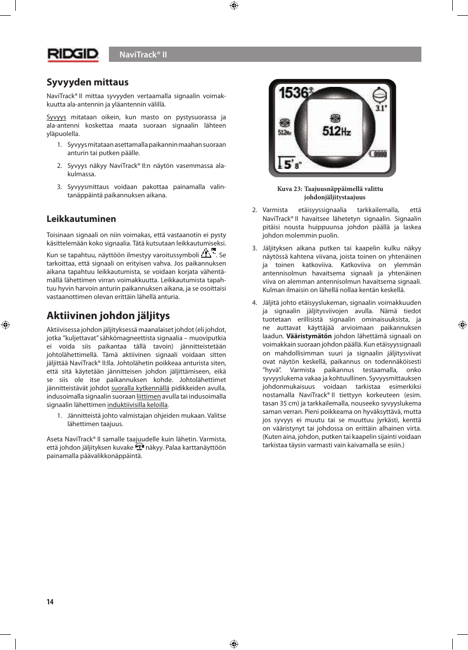 Aktiivinen johdon jäljitys, Syvyyden mittaus, Leikkautuminen | RIDGID NaviTrack II User Manual | Page 296 / 394