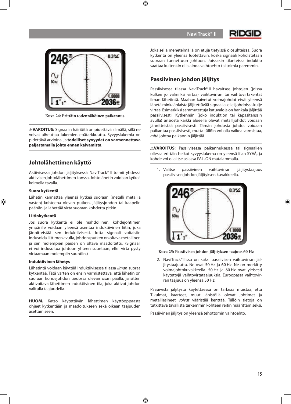 Johtolähettimen käyttö, Passiivinen johdon jäljitys | RIDGID NaviTrack II User Manual | Page 297 / 394