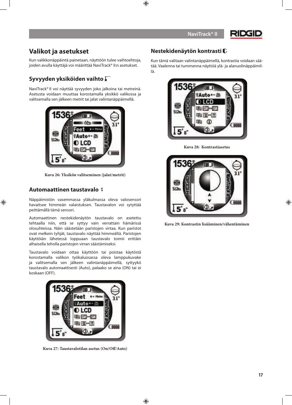 Valikot ja asetukset | RIDGID NaviTrack II User Manual | Page 299 / 394