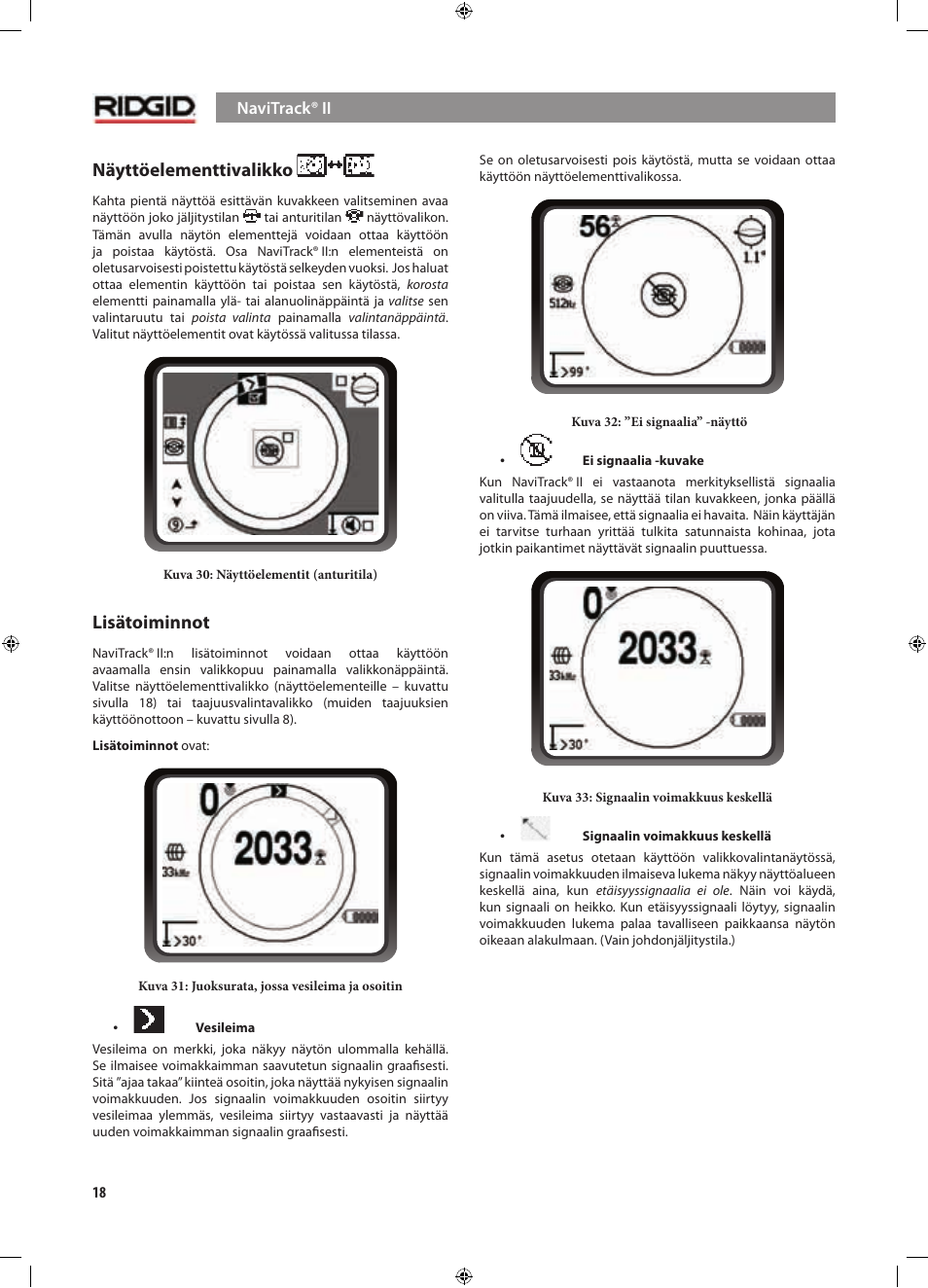 Näyttöelementtivalikko, Lisätoiminnot | RIDGID NaviTrack II User Manual | Page 300 / 394