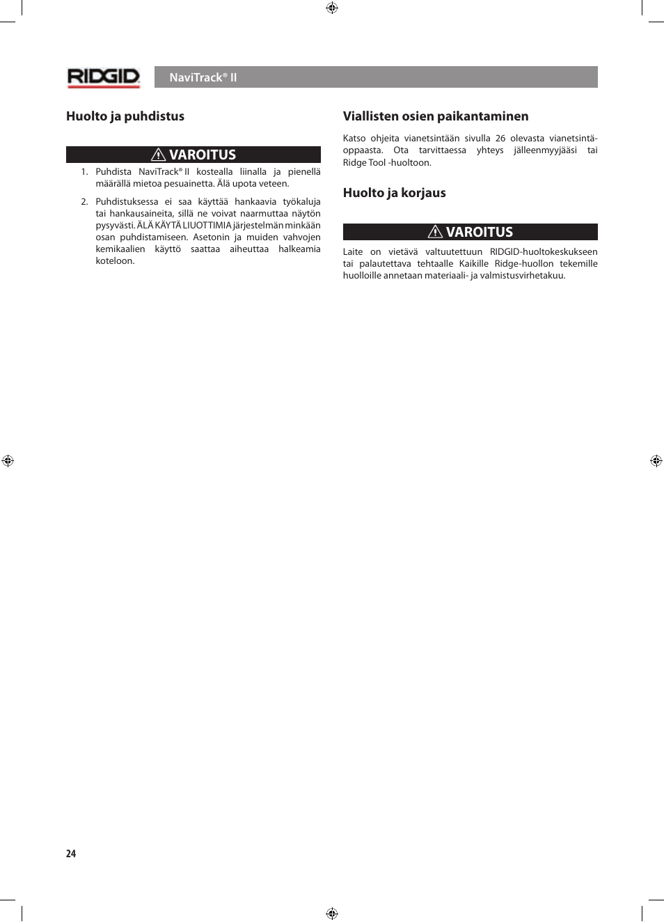 Varoitus | RIDGID NaviTrack II User Manual | Page 306 / 394