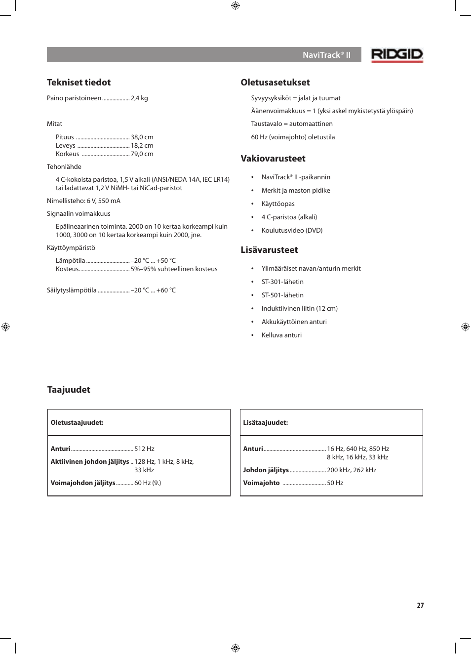 Tekniset tiedot, Oletusasetukset, Vakiovarusteet | Lisävarusteet, Taajuudet | RIDGID NaviTrack II User Manual | Page 309 / 394