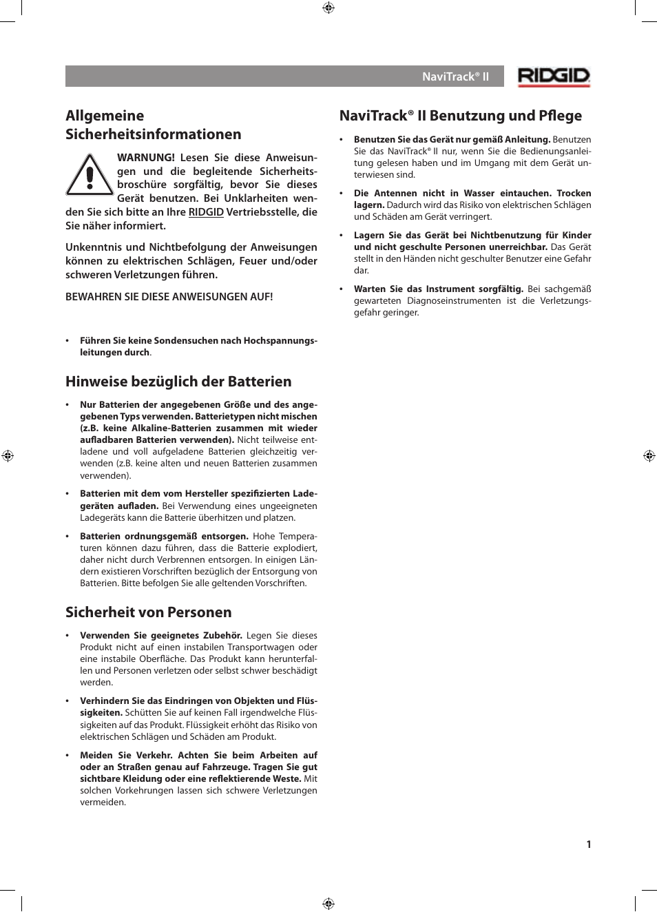 Allgemeine sicherheitsinformationen, Hinweise bezüglich der batterien, Sicherheit von personen | Navitrack® ii benutzung und pﬂege | RIDGID NaviTrack II User Manual | Page 31 / 394