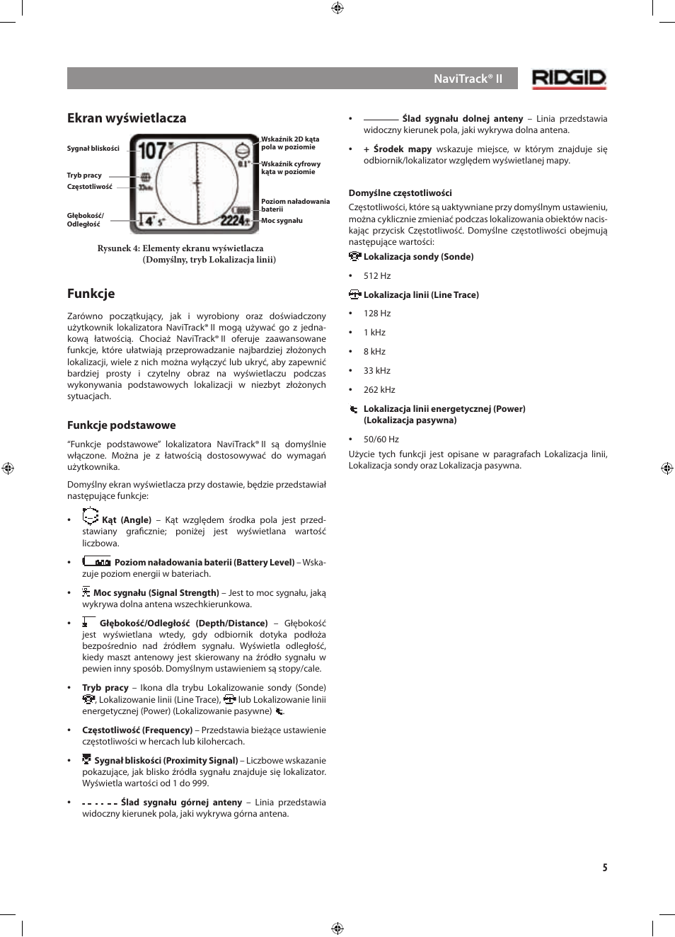 Ekran wyświetlacza, Funkcje | RIDGID NaviTrack II User Manual | Page 315 / 394