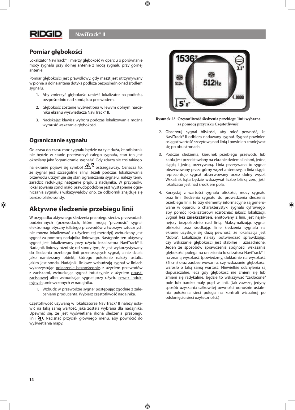 Aktywne śledzenie przebiegu linii, Pomiar głębokości, Ograniczanie sygnału | RIDGID NaviTrack II User Manual | Page 324 / 394