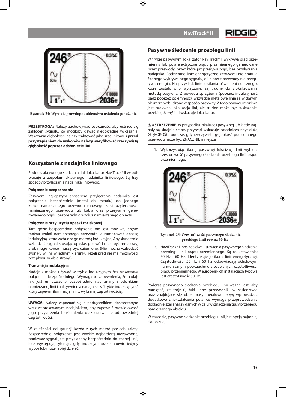 Korzystanie z nadajnika liniowego, Pasywne śledzenie przebiegu linii | RIDGID NaviTrack II User Manual | Page 325 / 394