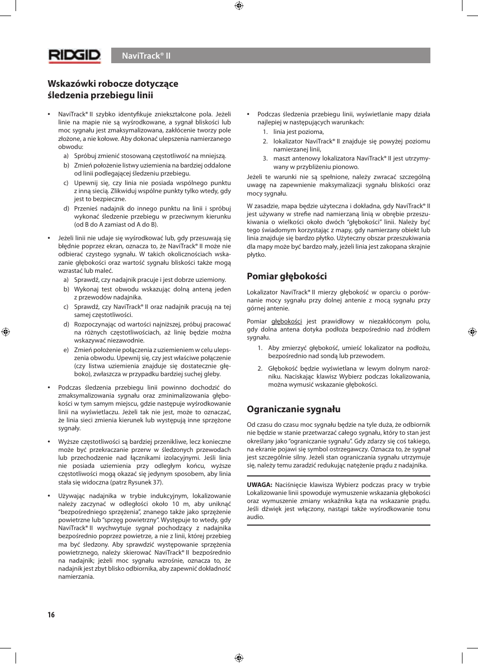 Pomiar głębokości, Ograniczanie sygnału | RIDGID NaviTrack II User Manual | Page 326 / 394