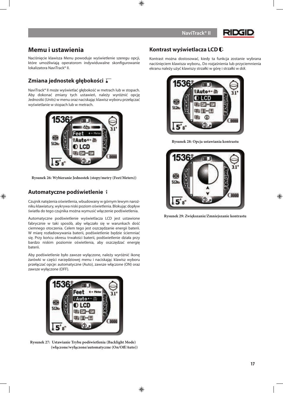 Memu i ustawienia, Zmiana jednostek głębokości, Automatyczne podświetlenie | Kontrast wyświetlacza lcd | RIDGID NaviTrack II User Manual | Page 327 / 394