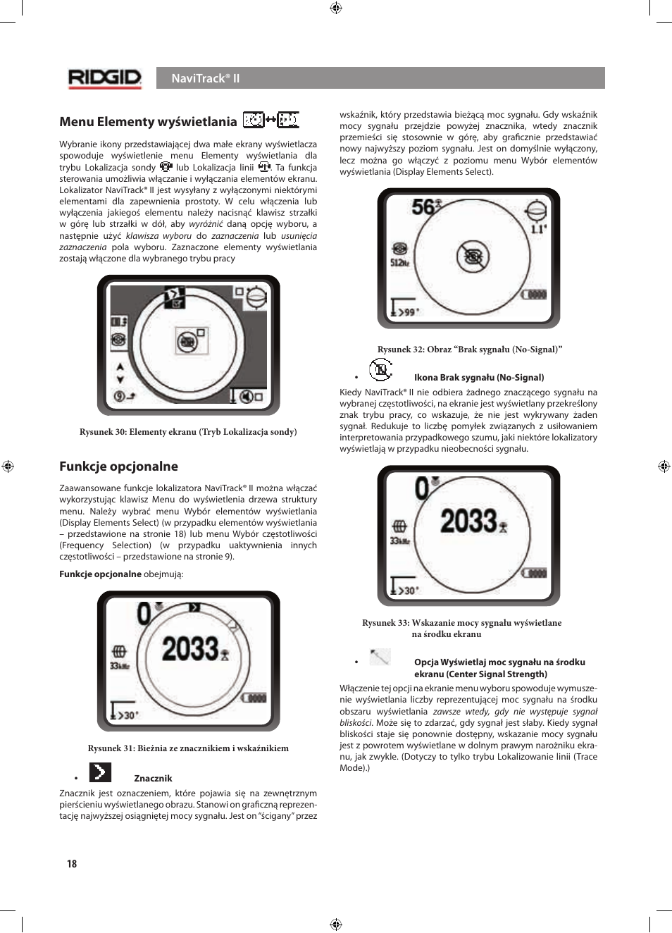 Menu elementy wyświetlania, Funkcje opcjonalne | RIDGID NaviTrack II User Manual | Page 328 / 394