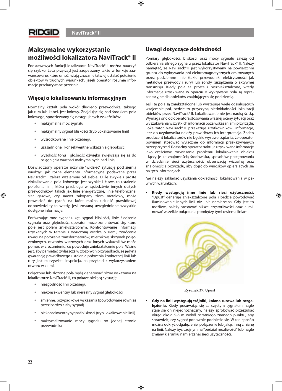 Więcej o lokalizowaniu informacyjnym, Uwagi dotyczące dokładności | RIDGID NaviTrack II User Manual | Page 332 / 394