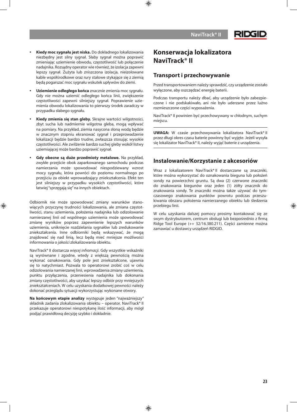 Konserwacja lokalizatora navitrack® ii, Transport i przechowywanie, Instalowanie/korzystanie z akcesoriów | RIDGID NaviTrack II User Manual | Page 333 / 394