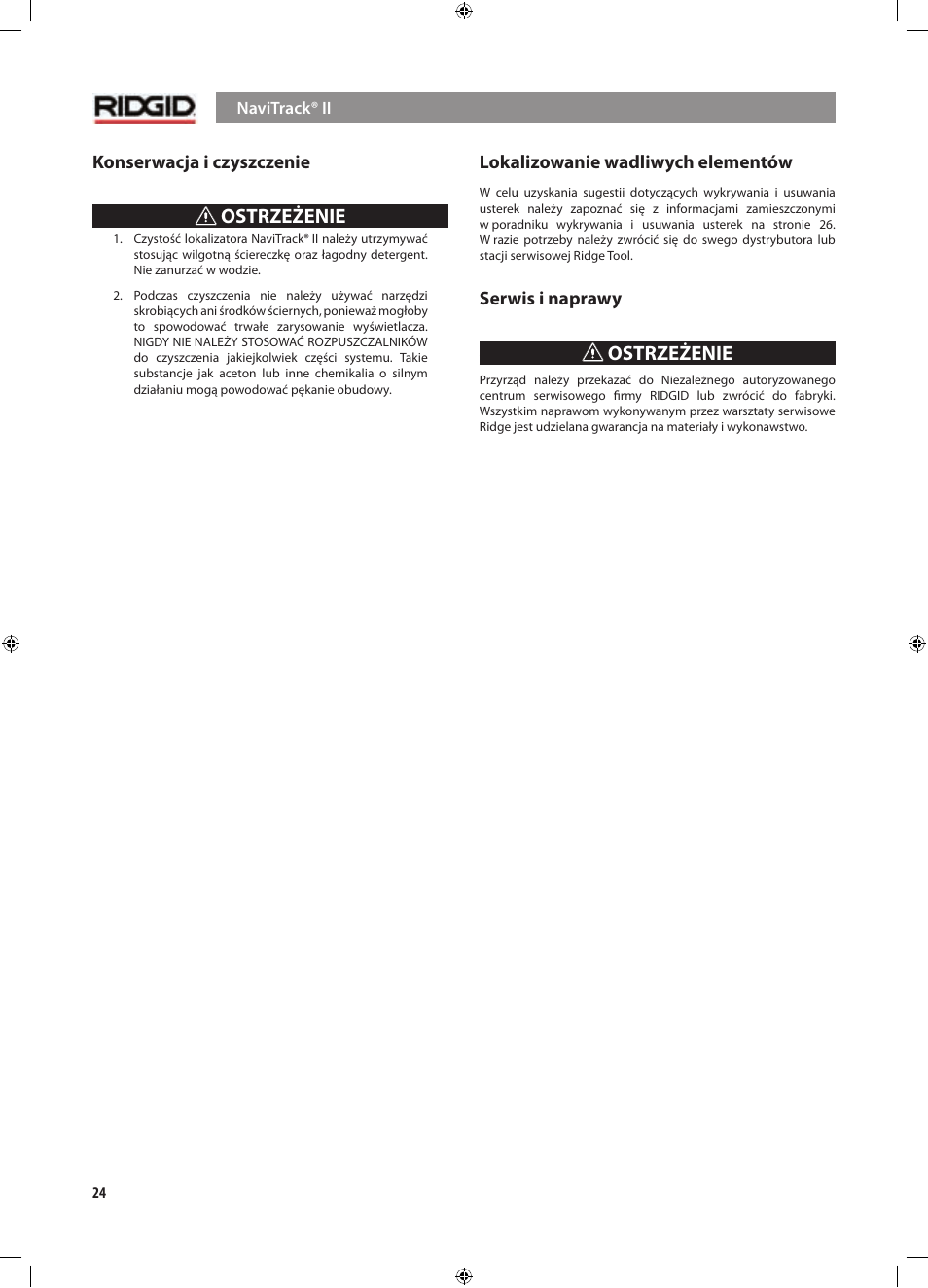 Ostrzeżenie | RIDGID NaviTrack II User Manual | Page 334 / 394