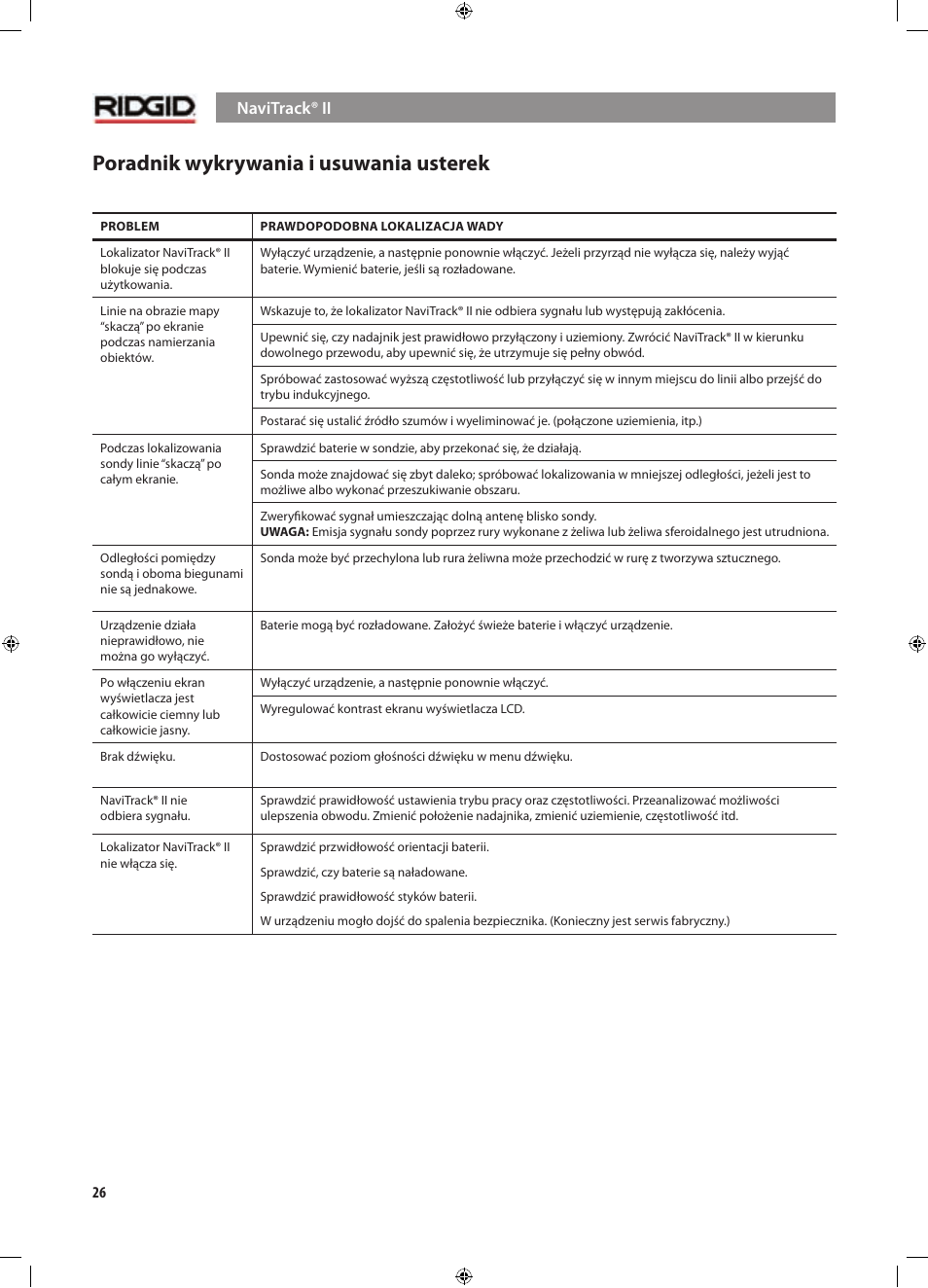 Poradnik wykrywania i usuwania usterek, Navitrack® ii | RIDGID NaviTrack II User Manual | Page 336 / 394