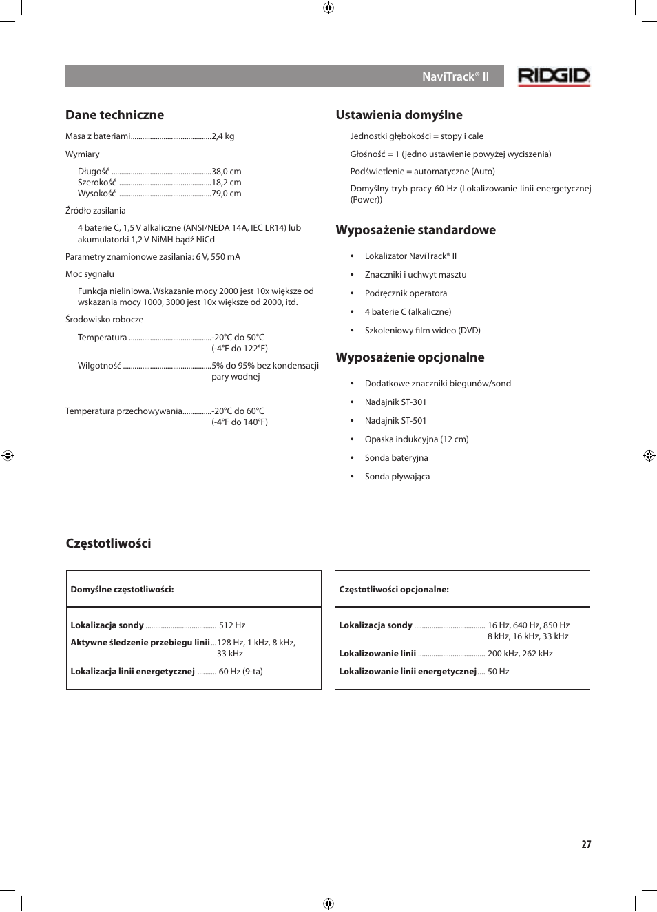 Dane techniczne, Ustawienia domyślne, Wyposażenie standardowe | Wyposażenie opcjonalne, Częstotliwości | RIDGID NaviTrack II User Manual | Page 337 / 394