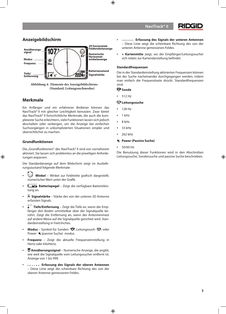 Anzeigebildschirm, Merkmale | RIDGID NaviTrack II User Manual | Page 35 / 394