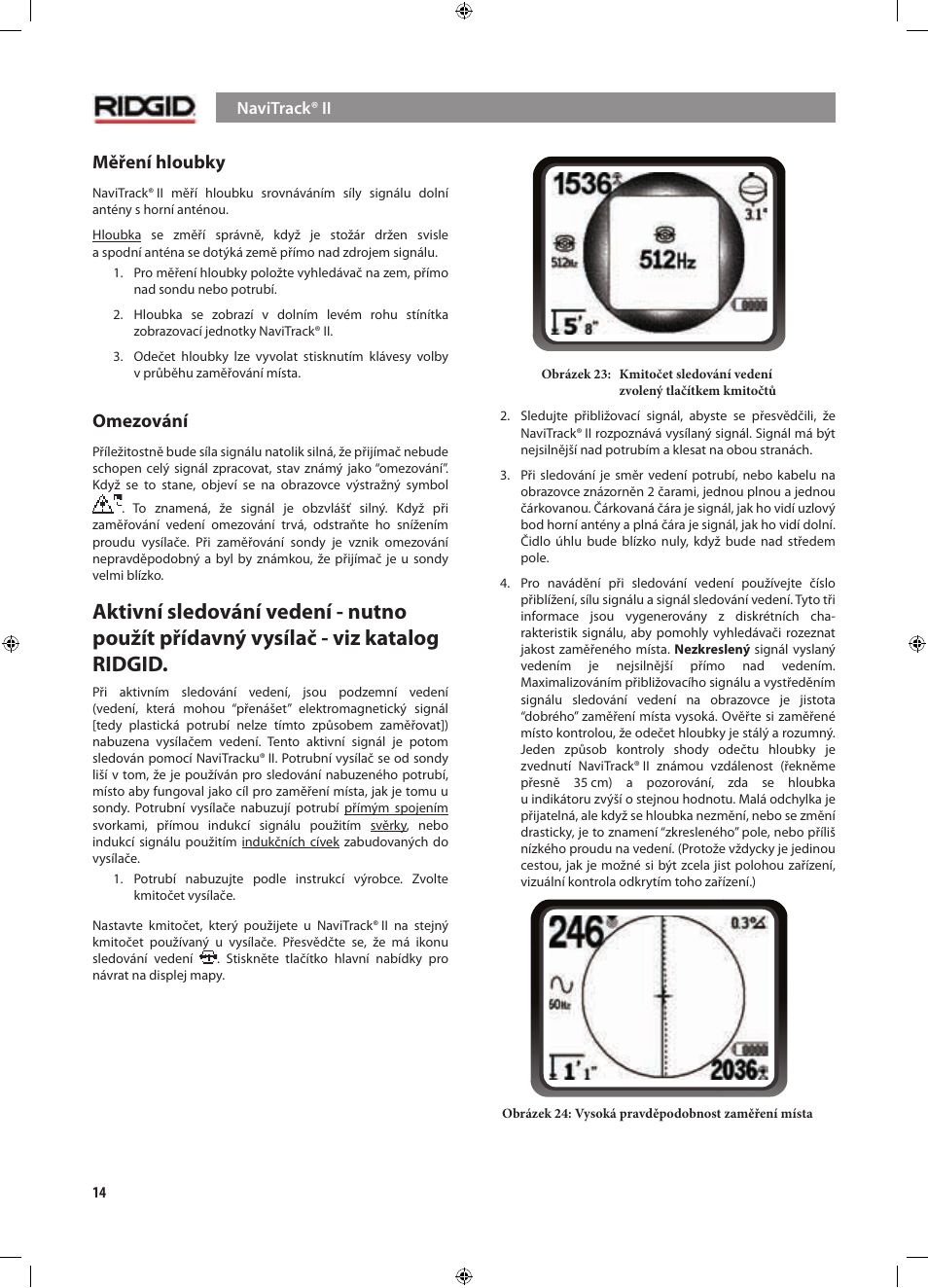 Měření hloubky, Omezování | RIDGID NaviTrack II User Manual | Page 352 / 394