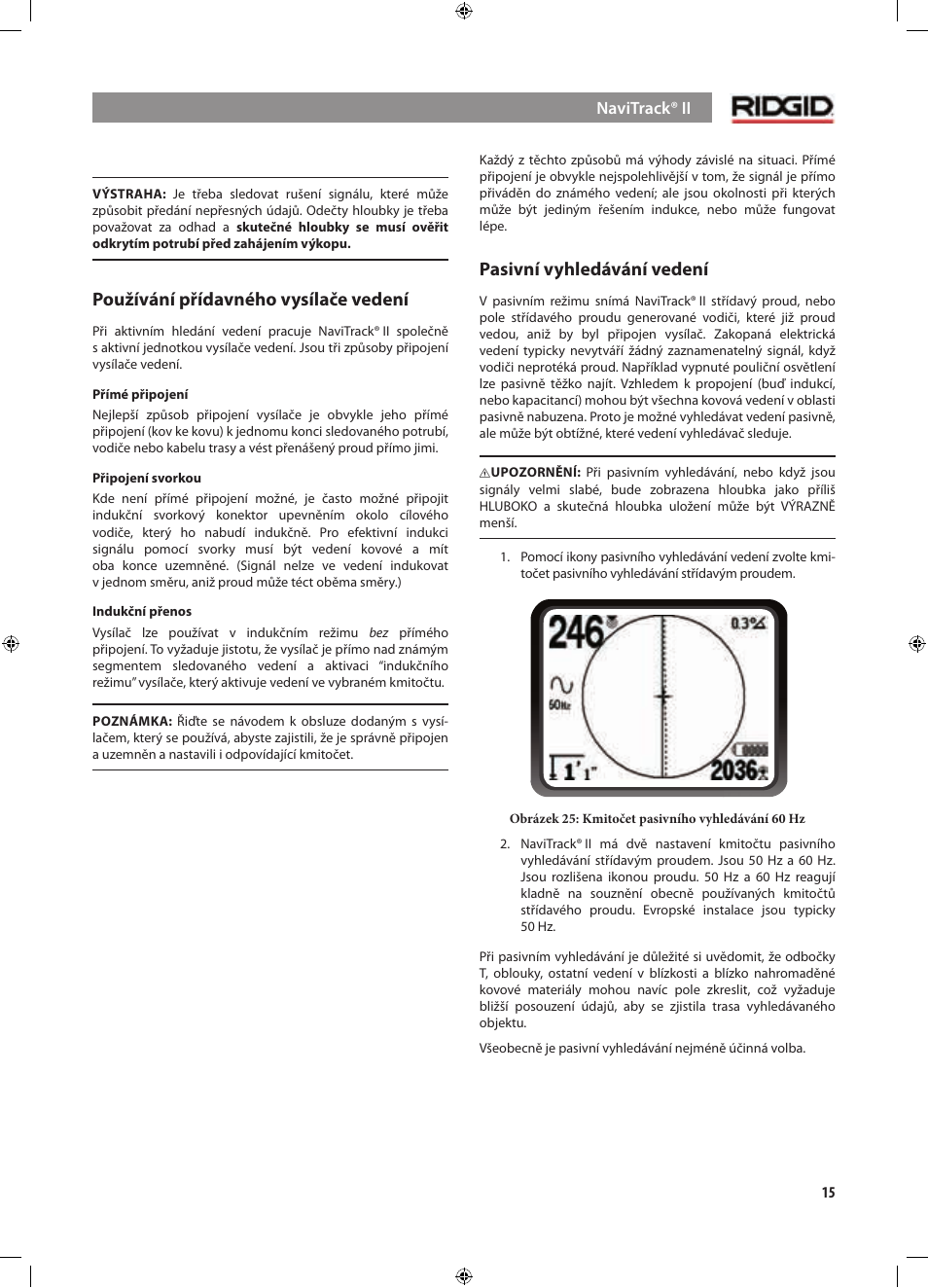 Používání přídavného vysílače vedení, Pasivní vyhledávání vedení | RIDGID NaviTrack II User Manual | Page 353 / 394