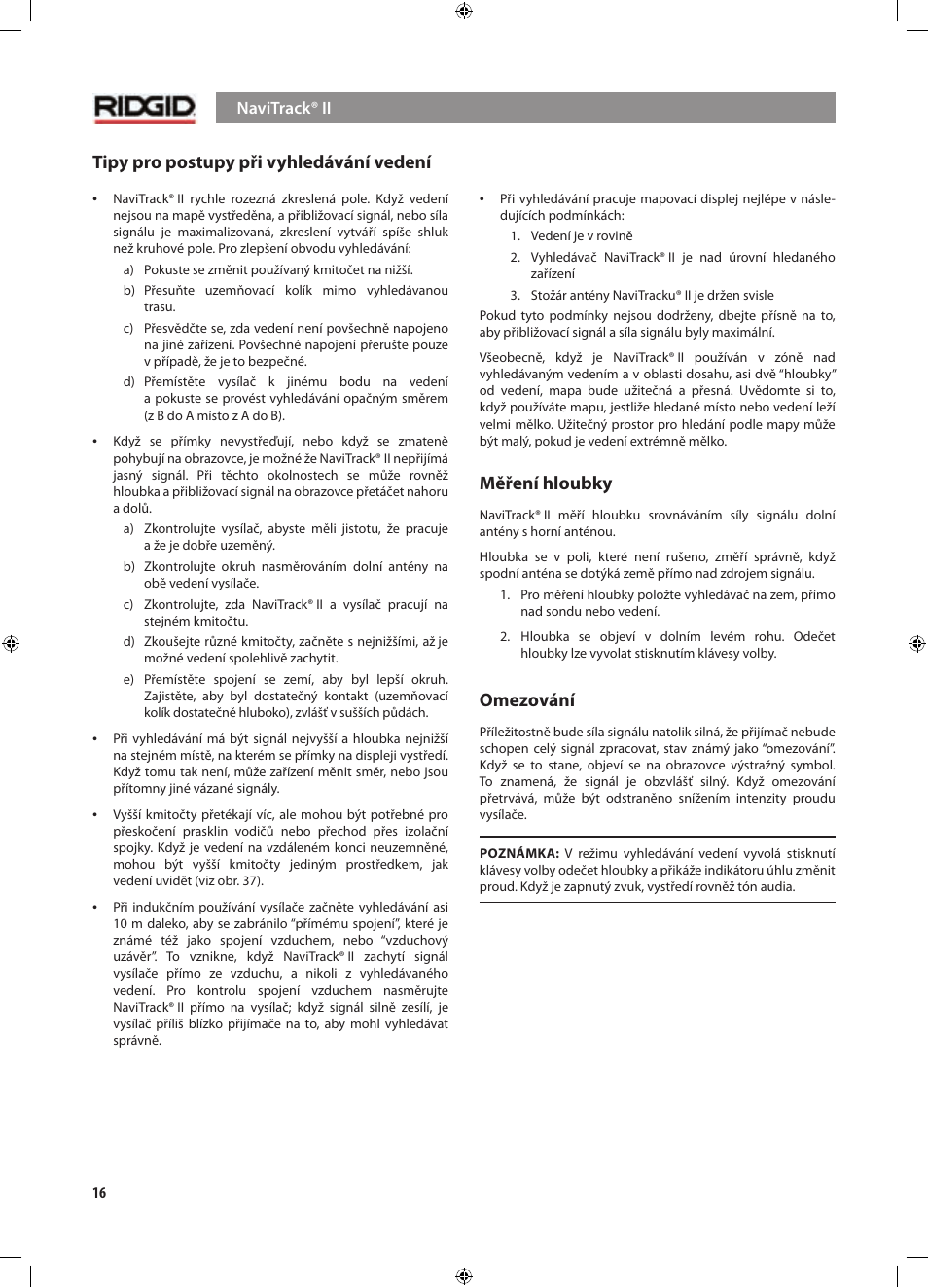 Tipy pro postupy při vyhledávání vedení, Měření hloubky, Omezování | RIDGID NaviTrack II User Manual | Page 354 / 394