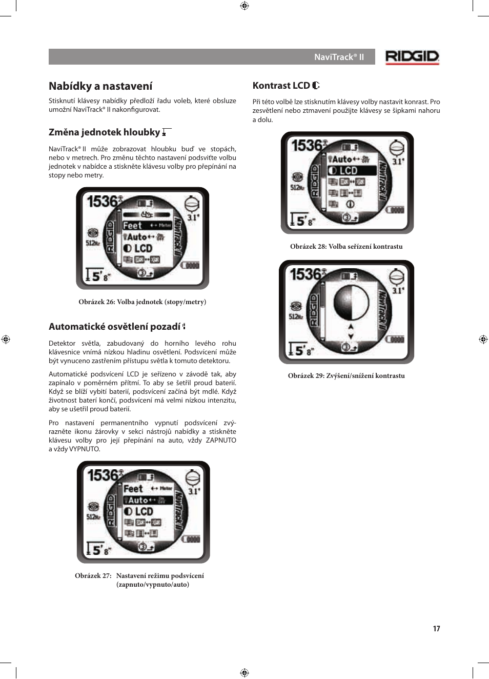 Nabídky a nastavení, Automatické osvětlení pozadí, Kontrast lcd | RIDGID NaviTrack II User Manual | Page 355 / 394