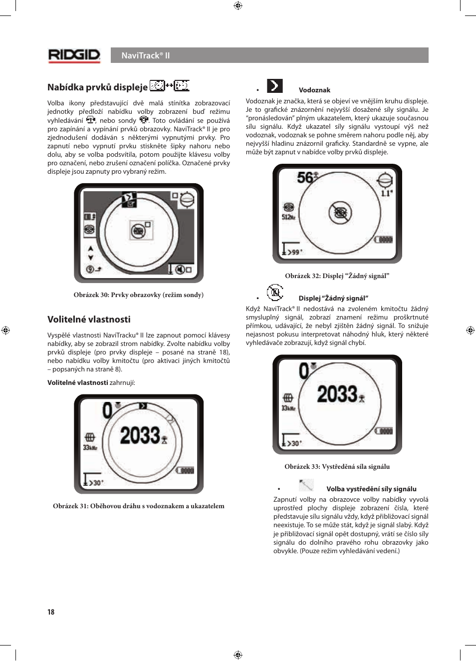 Nabídka prvků displeje, Volitelné vlastnosti | RIDGID NaviTrack II User Manual | Page 356 / 394