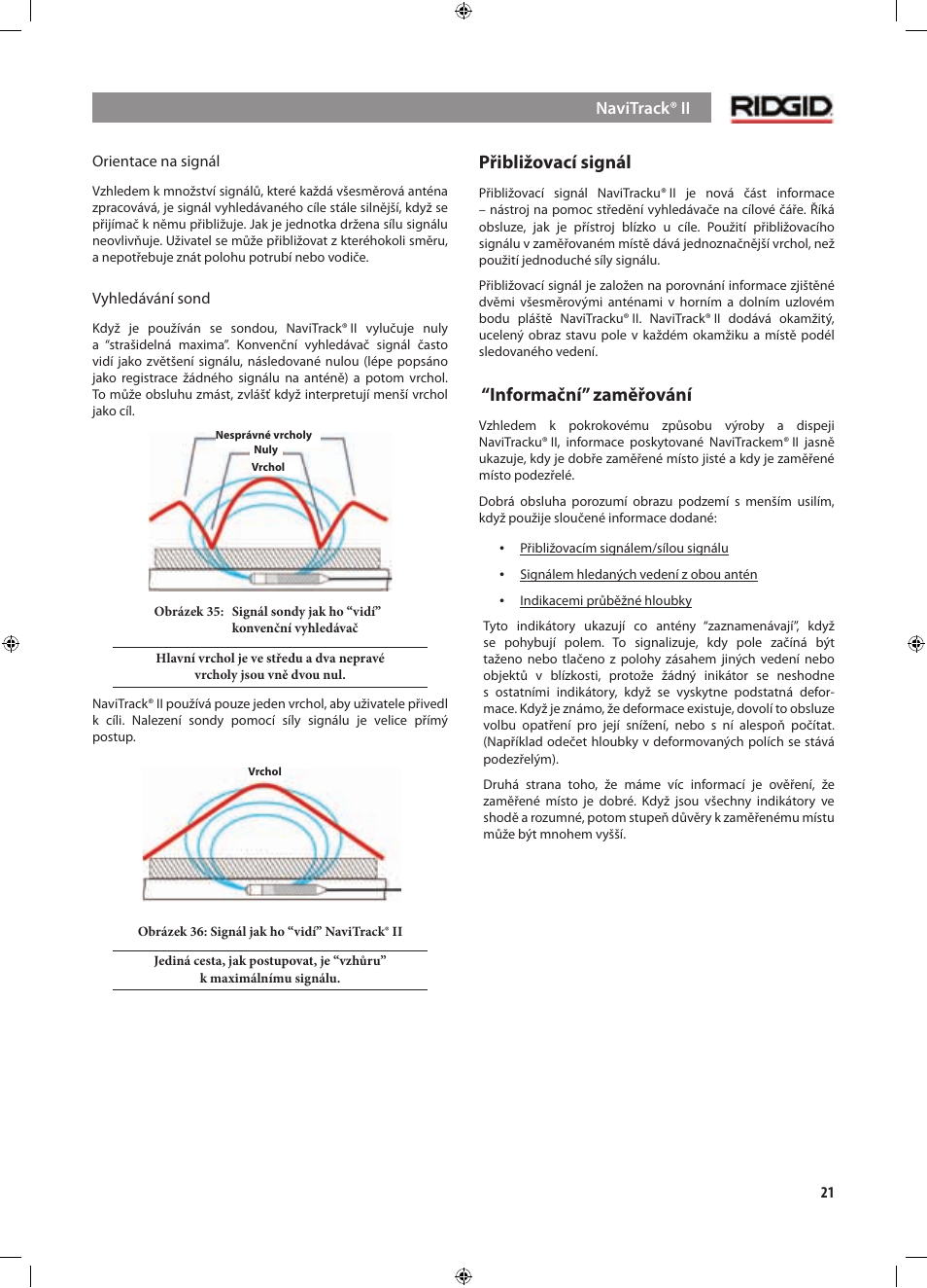 Přibližovací signál, Informační” zaměřování | RIDGID NaviTrack II User Manual | Page 359 / 394