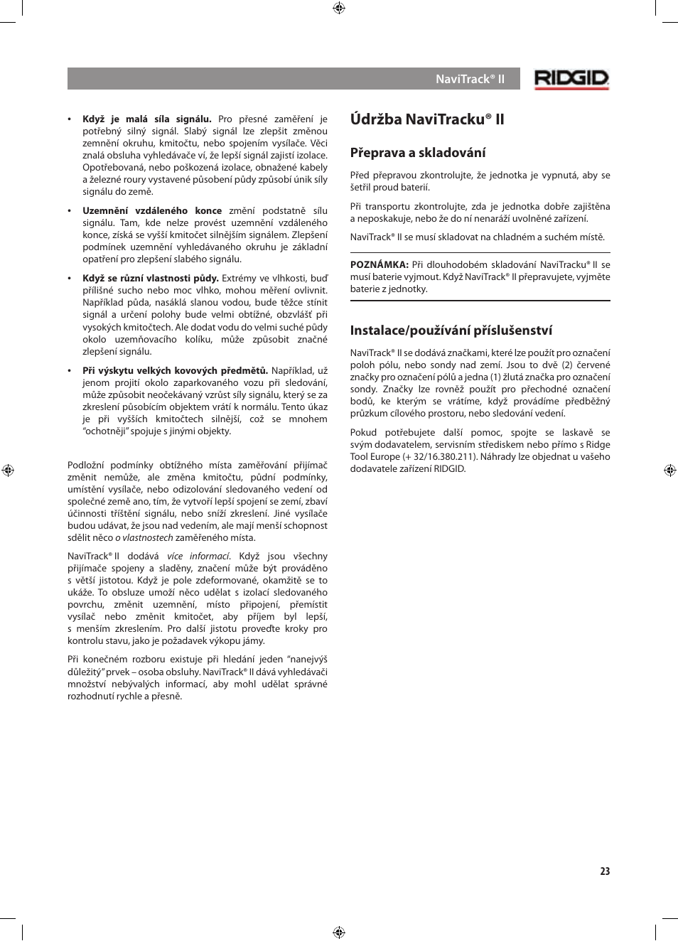 Údržba navitracku® ii, Přeprava a skladování, Instalace/používání příslušenství | RIDGID NaviTrack II User Manual | Page 361 / 394