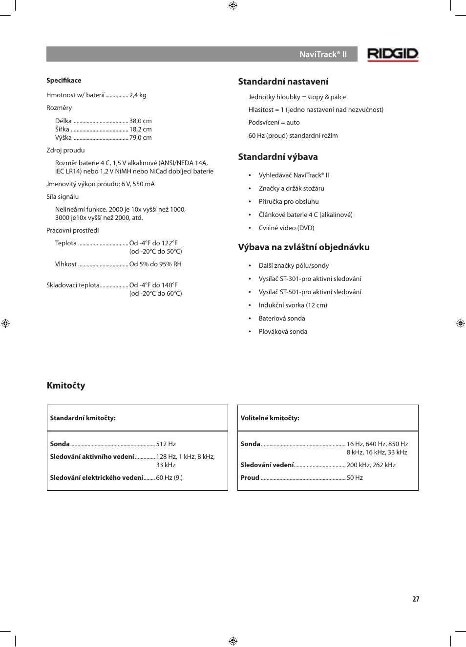 Standardní nastavení, Standardní výbava, Výbava na zvláštní objednávku | Kmitočty | RIDGID NaviTrack II User Manual | Page 365 / 394