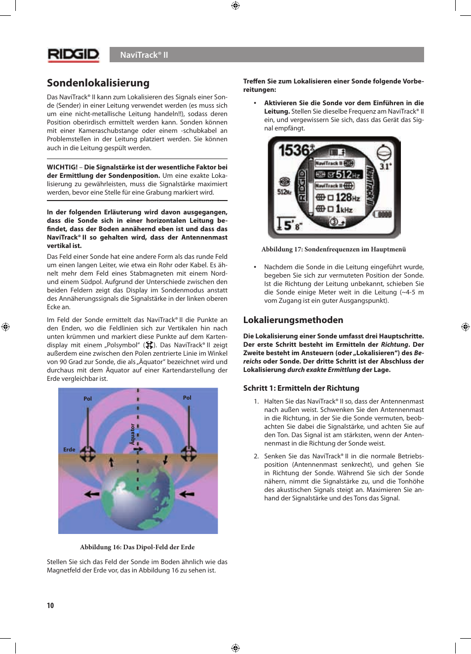 Sondenlokalisierung, Lokalierungsmethoden | RIDGID NaviTrack II User Manual | Page 40 / 394