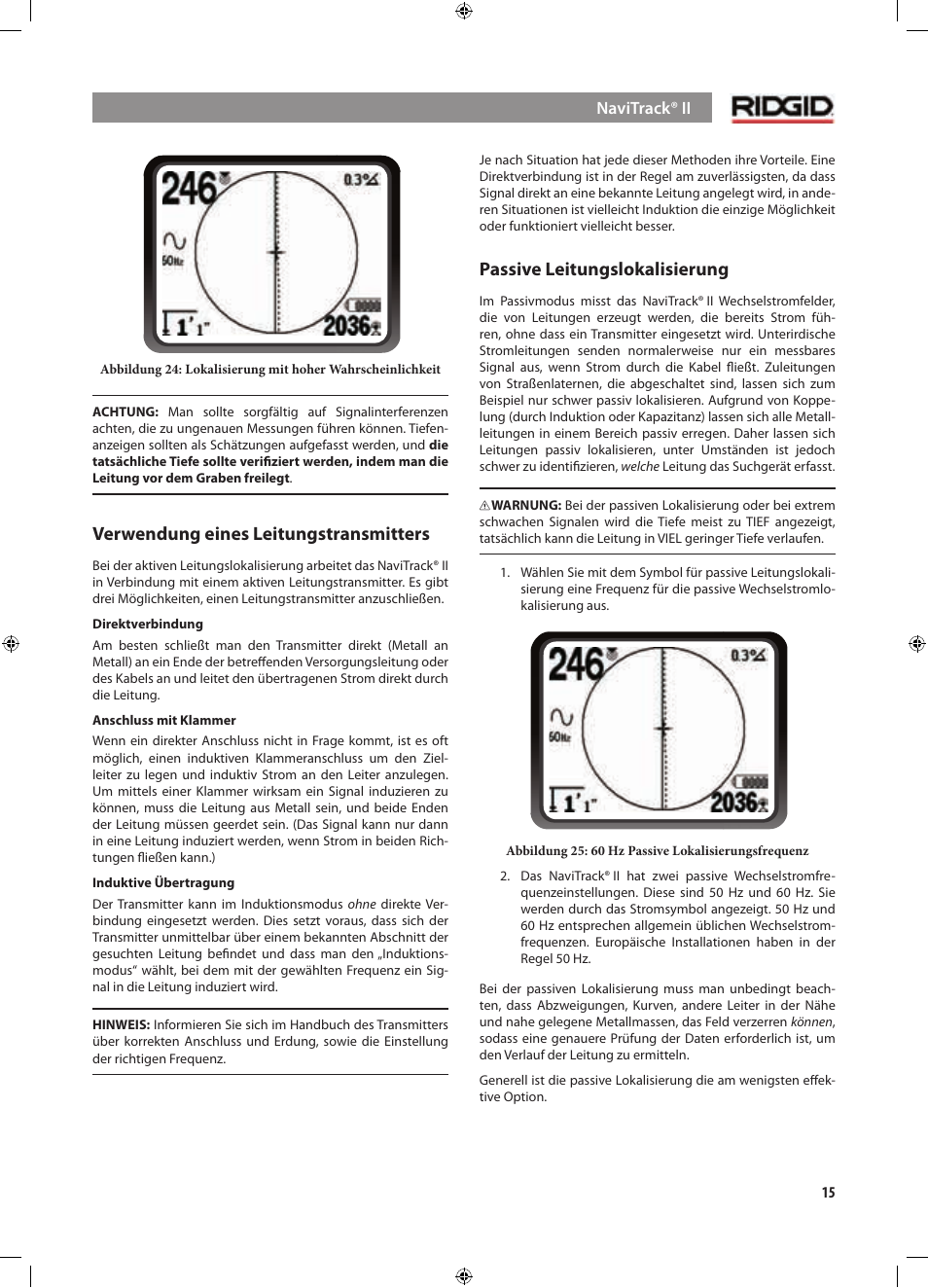 Verwendung eines leitungstransmitters, Passive leitungslokalisierung | RIDGID NaviTrack II User Manual | Page 45 / 394