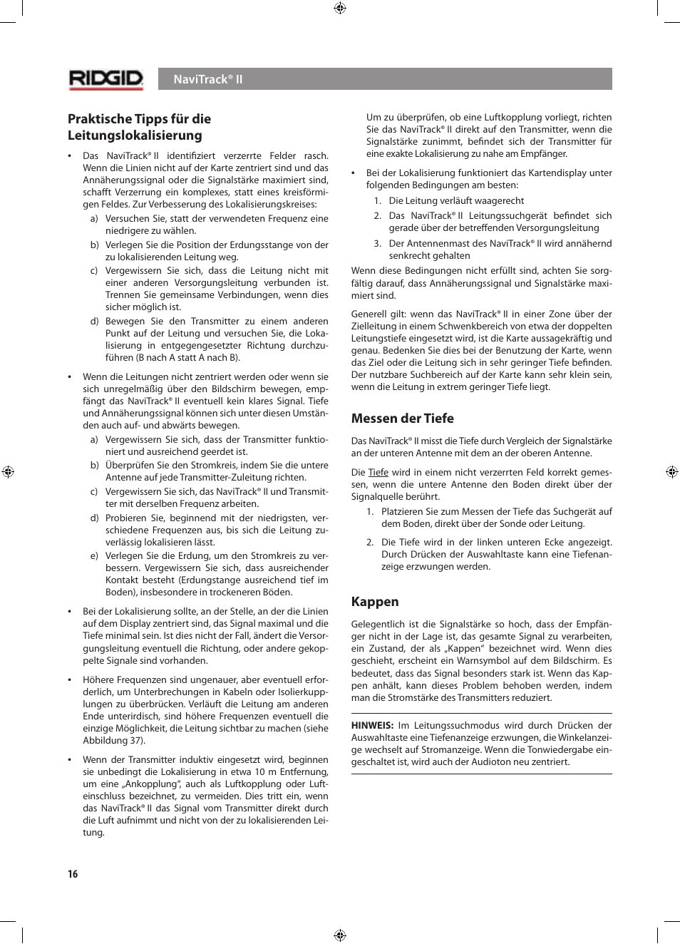 Praktische tipps für die leitungslokalisierung, Messen der tiefe, Kappen | RIDGID NaviTrack II User Manual | Page 46 / 394