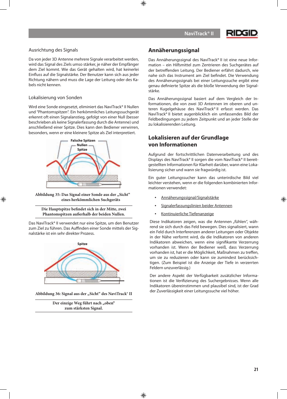 Annäherungssignal, Lokalisieren auf der grundlage von informationen | RIDGID NaviTrack II User Manual | Page 51 / 394