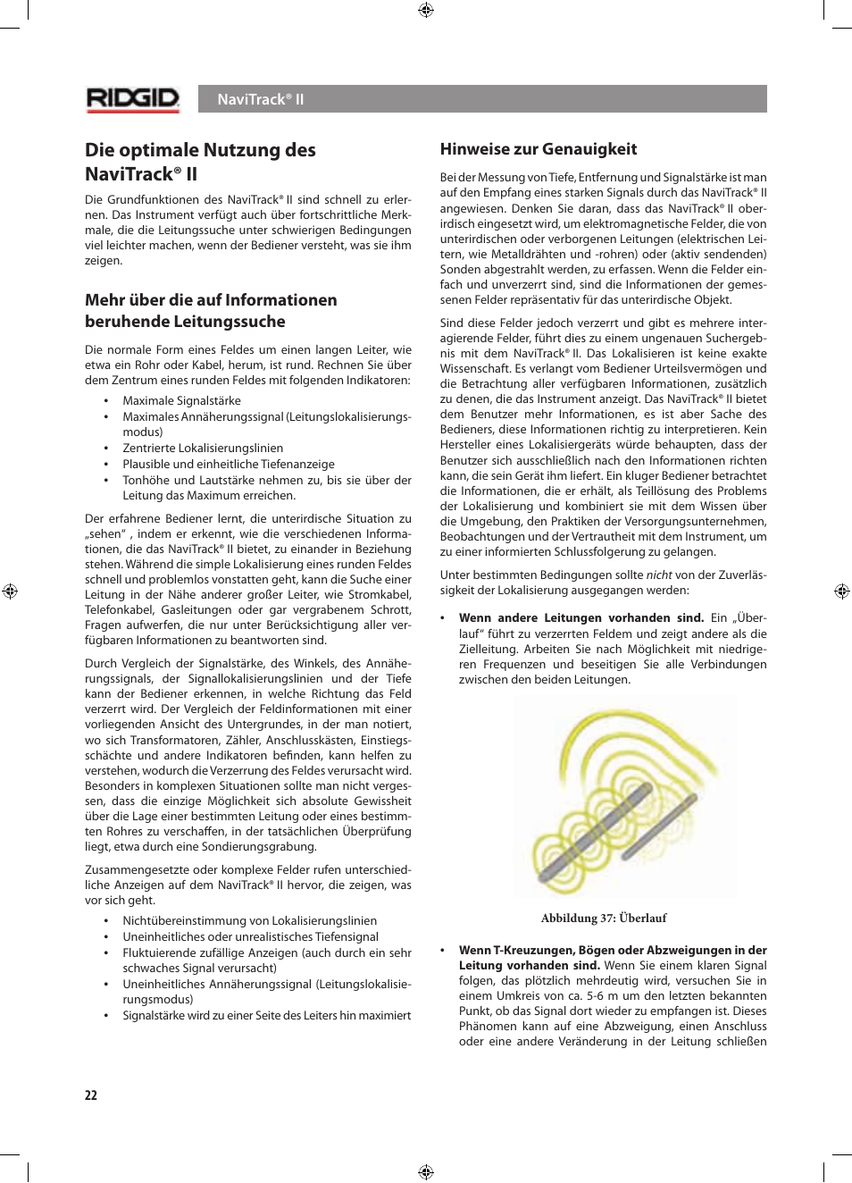 Die optimale nutzung des navitrack® ii, Hinweise zur genauigkeit | RIDGID NaviTrack II User Manual | Page 52 / 394
